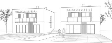 Modern evler mimari proje taslağı, 3d vektör illüstrasyonu