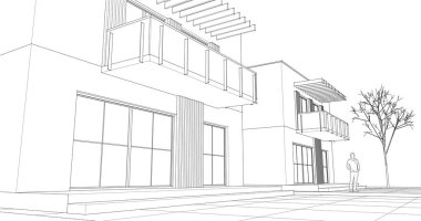 Modern evler mimari proje taslağı, 3d vektör illüstrasyonu