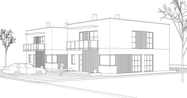 Modern evler mimari proje taslağı, 3d vektör illüstrasyonu