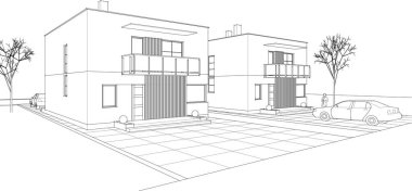 Modern evler mimari proje taslağı, 3d vektör illüstrasyonu