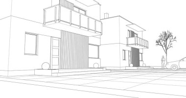 Modern evler mimari proje taslağı, 3d vektör illüstrasyonu