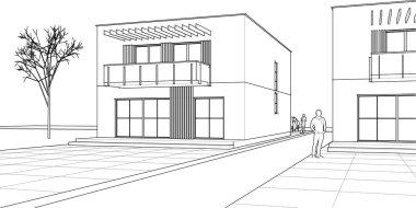 Modern evler mimari proje taslağı, 3d vektör illüstrasyonu