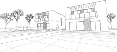 Modern evler mimari proje taslağı, 3d vektör illüstrasyonu