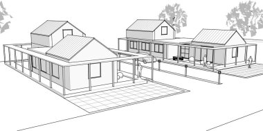 Modern evler çizimi. 3d vektör illüstrasyonu