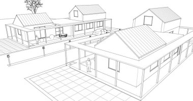 Modern evler çizimi. 3d vektör illüstrasyonu