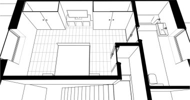 İç yatak odası banyosu, 3 boyutlu vektör illüstrasyonu