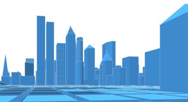 modern şehir panoraması mavi renkli, 3d vektör illüstrasyonu