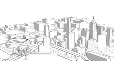 Şehir büyükşehir mimari manzarası, 3D illüstrasyon