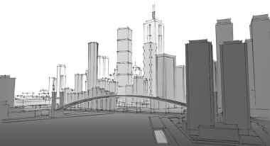 Şehir büyükşehir mimari manzarası, 3D illüstrasyon
