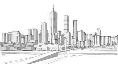 Şehir büyükşehir mimari manzarası, 3D illüstrasyon