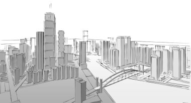 Şehir büyükşehir mimari manzarası, 3D illüstrasyon