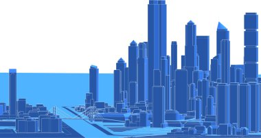modern şehir panoraması mavi renkli, 3D resimli