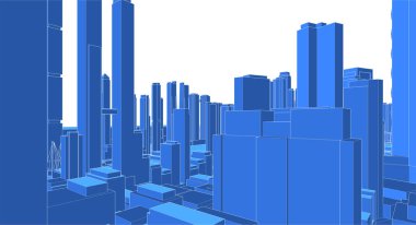 modern şehir panoraması mavi renkli, 3D resimli