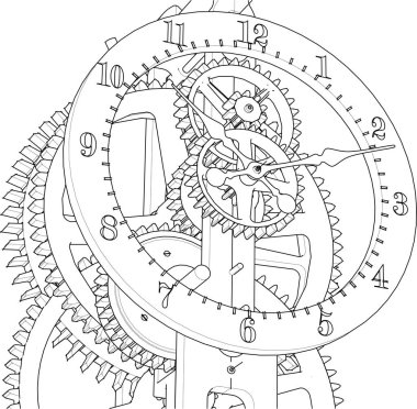 Saat mekanizması çizimi, 3d illüstrasyon