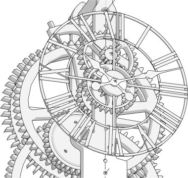 Saat mekanizması çizimi, 3d illüstrasyon