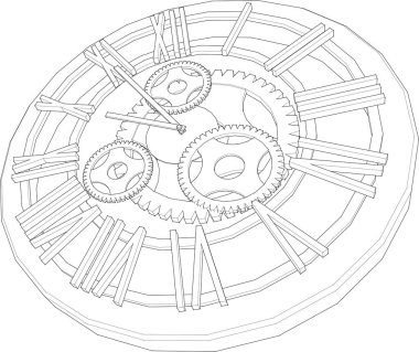 Saat mekanizması çizimi, 3d illüstrasyon