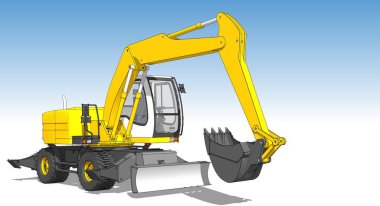 Buldozer ve kazıcı 3 boyutlu illüstrasyon