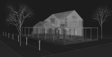 Kasaba evleri proje planı, 3D illüstrasyon  