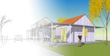 Kasaba evleri proje planı, 3D illüstrasyon  