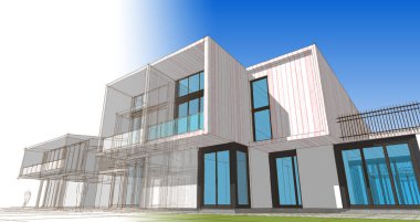 Kasaba evleri proje planı, 3D illüstrasyon  