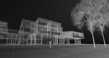 Kasaba evleri proje planı, 3D illüstrasyon  