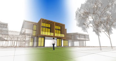 Kasaba evleri proje planı, 3D illüstrasyon  