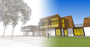 Kasaba evleri proje planı, 3D illüstrasyon  