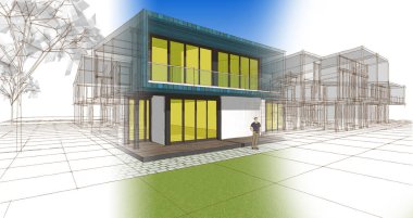 Kasaba evleri proje planı, 3D illüstrasyon  