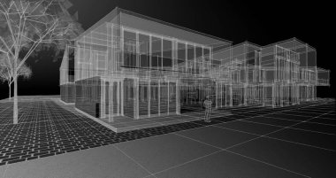 Kasaba evleri proje planı, 3D illüstrasyon  