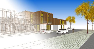 Kasaba evleri proje planı, 3D illüstrasyon  