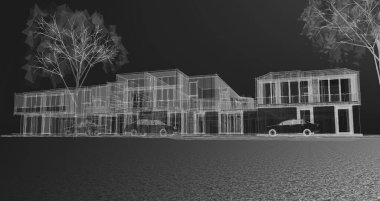 Kasaba evleri proje planı, 3D illüstrasyon  