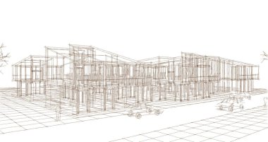 Kasaba evleri proje planı, 3D illüstrasyon  