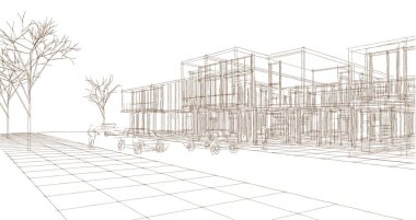 Kasaba evleri proje planı, 3D illüstrasyon  