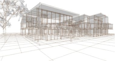 Kasaba evleri proje planı, 3D illüstrasyon  