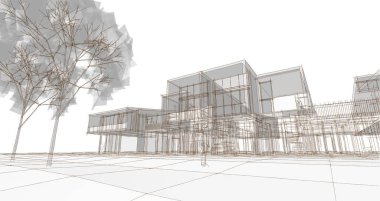 Kasaba evleri proje planı, 3D illüstrasyon  