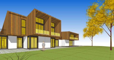 Kasaba evleri proje planı, 3D illüstrasyon  