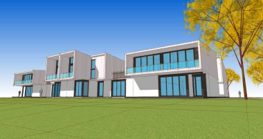 Kasaba evleri proje planı, 3D illüstrasyon  