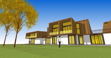 Kasaba evleri proje planı, 3D illüstrasyon  