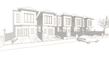 Kasaba evleri proje planı, 3D illüstrasyon  