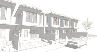 Kasaba evleri proje planı, 3D illüstrasyon  