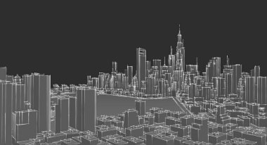 Mimari, modern şehir panoraması 3D illüstrasyon 