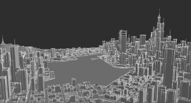 Mimari, modern şehir panoraması 3D illüstrasyon 