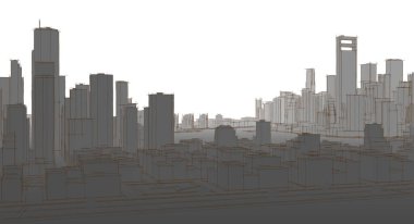 Mimari, modern şehir panoraması 3D illüstrasyon 