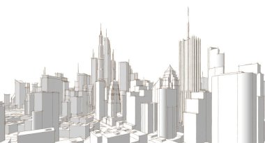 Mimari, modern şehir panoraması 3D illüstrasyon 
