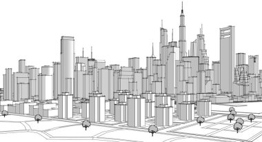 Mimari, modern şehir panoraması 3D illüstrasyon 