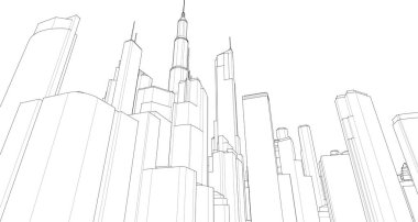 Mimari, modern şehir panoraması 3D illüstrasyon 