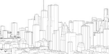 Mimari, modern şehir panoraması 3D illüstrasyon 