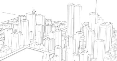 Mimari, modern şehir panoraması 3D illüstrasyon 