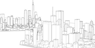 Mimari, modern şehir panoraması 3D illüstrasyon 