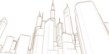 Mimari, modern şehir panoraması 3D illüstrasyon 